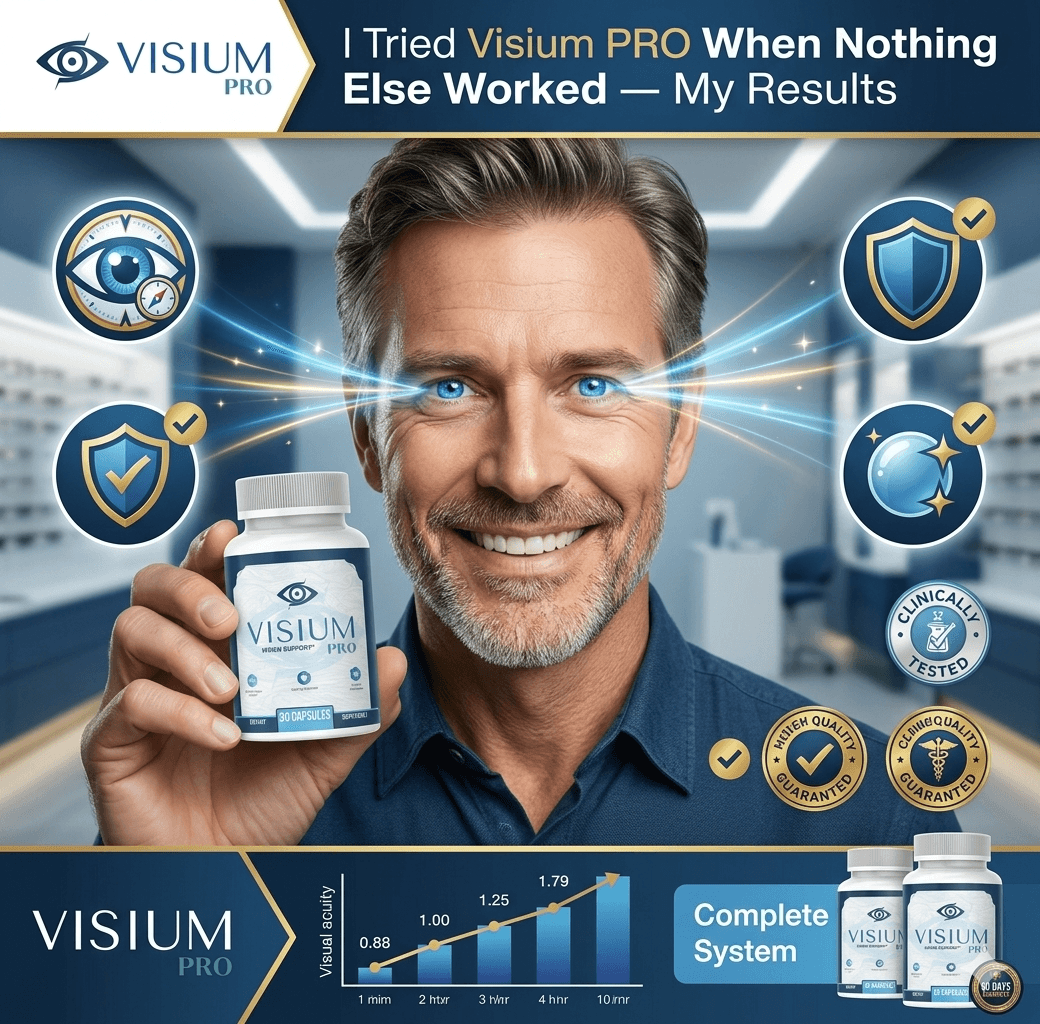Smiling man holding Visium PRO bottle with glowing blue eyes and eye health icons.