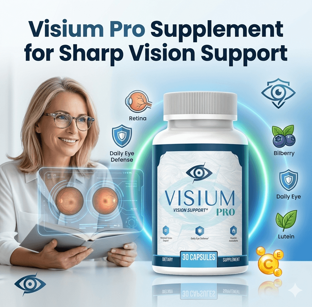 Visium Pro vision support supplement bottle featuring icons for bilberry, lutein, and daily eye defense.