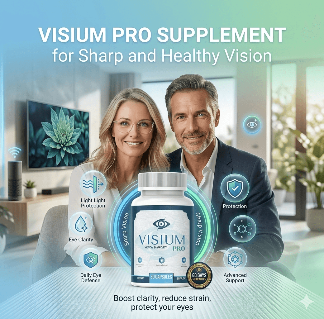 Smiling couple behind a bottle of Visium Pro vision support supplement with health icons.