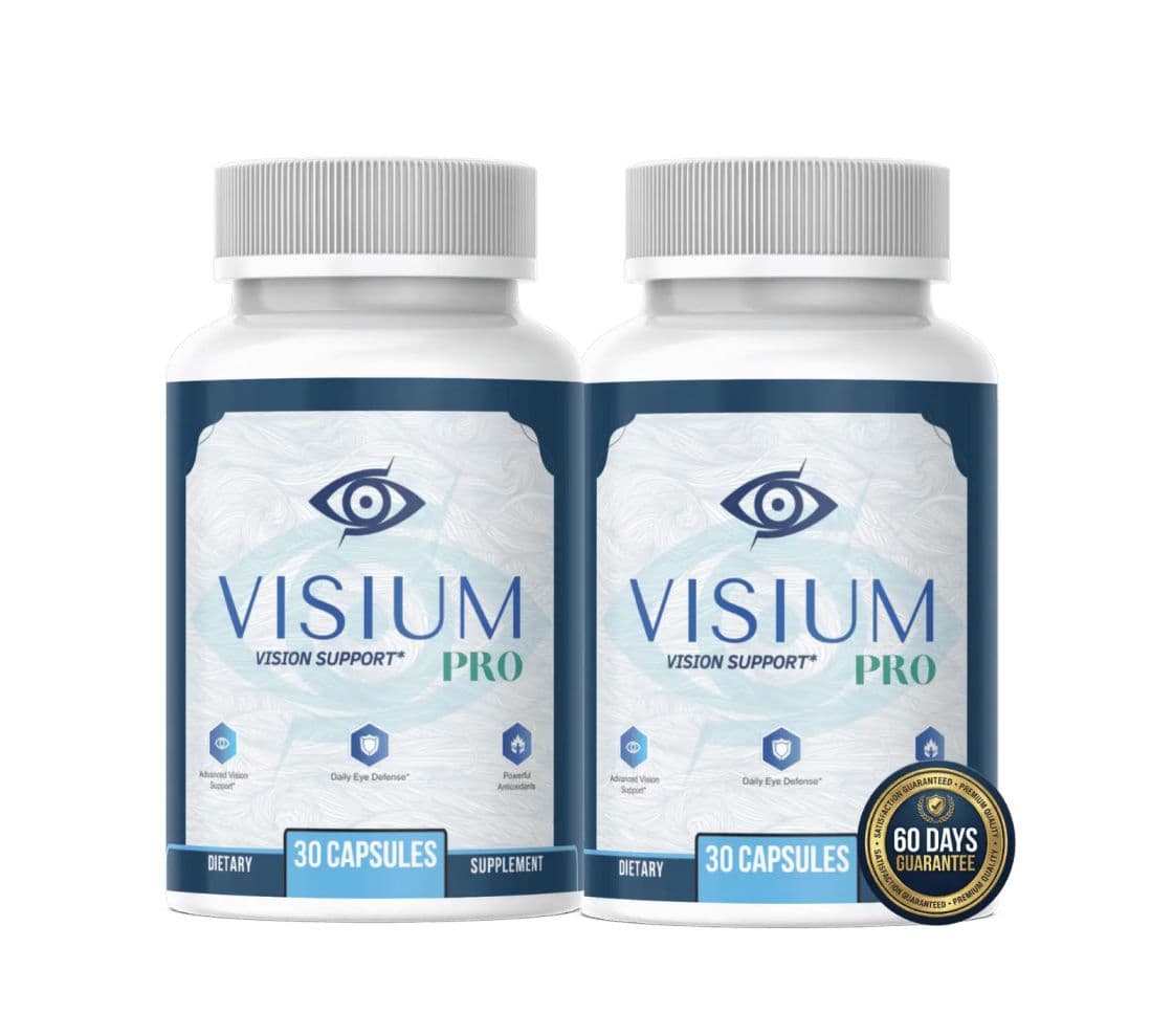 Two white bottles of Visium Pro vision support dietary supplement containing thirty capsules each.